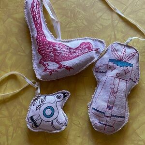 Handcrafted Bird and Doll Ornaments - Pink and Blue